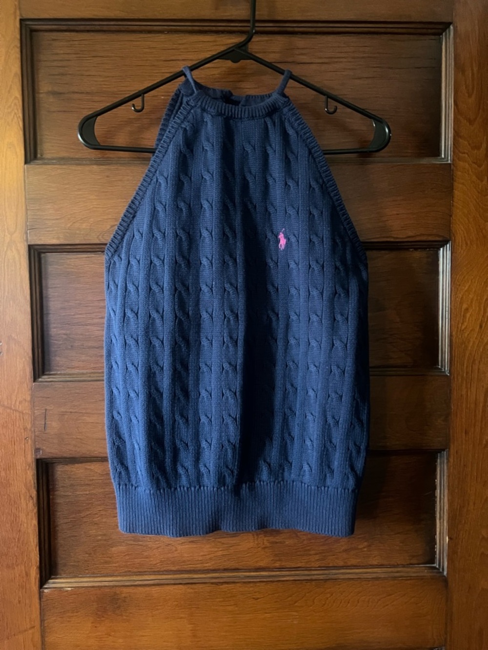 Ralph Lauren Navy Cable-Knit Halter Tank with Pink Pony